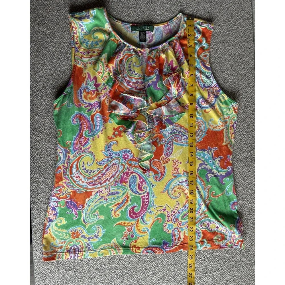 Lauren Ralph Lauren XL Paisley Ruffle Sleeveless Blouse Colorful Cotton Top - Picture 5 of 11